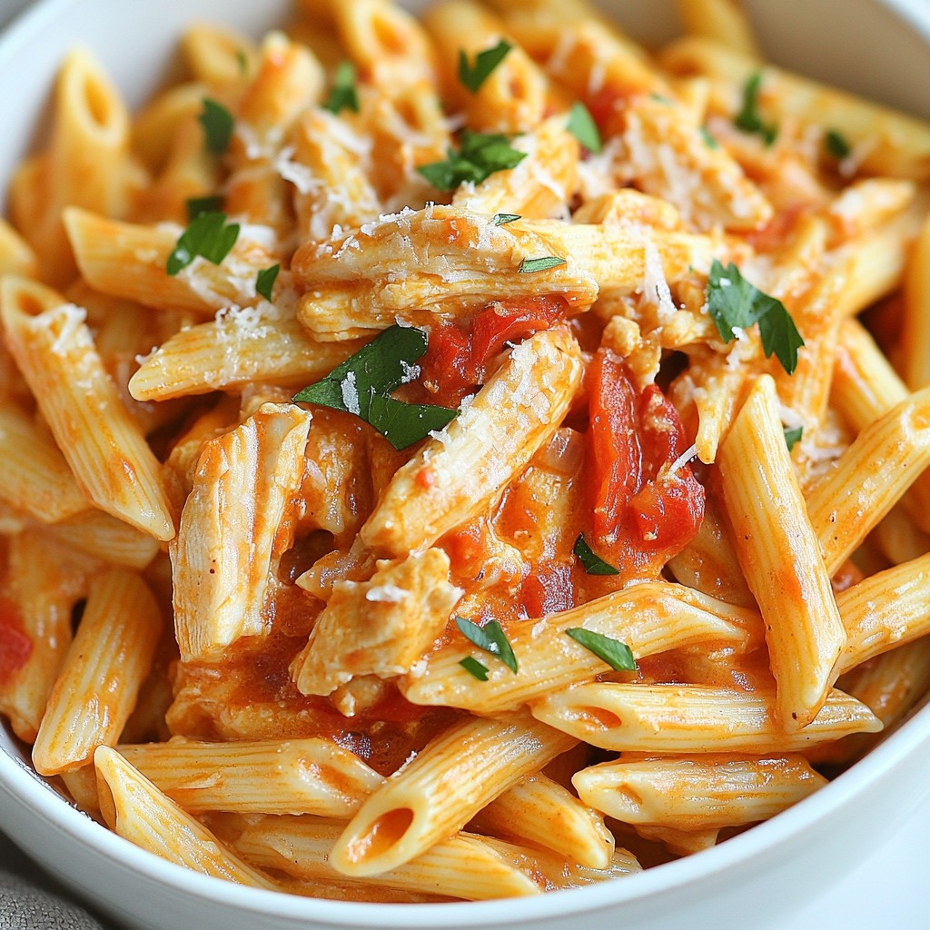 Simple crockpot Roasted Red Pepper Chicken Pasta Delight
